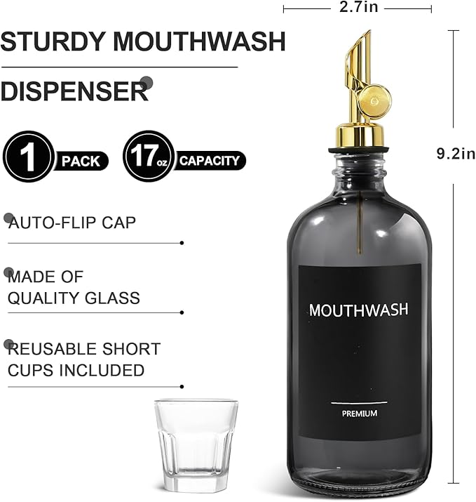 Mouthwash Dispenser for Bathroom, Glass Mouthwash Dispenser with Cup, Mouth Wash Container Bottle with Cup, Refillable Mouthwash Decanter, Clear Black, 1 Pack, 17oz