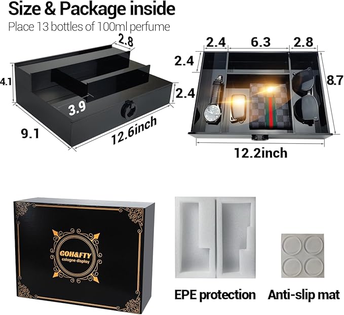 GOH&FTY Cologne Organizer for Men,3 Step Acrylic Waterproof Black Cologne Stand with Drawer and Secret Compartment, Cologne Holder Tray Display Shelf as a Gift for Men in Dresser,Bedroom