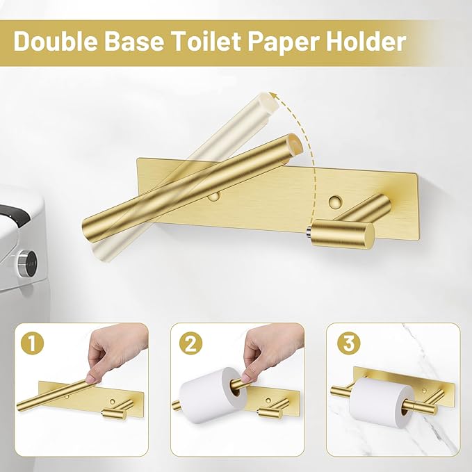 Lairuier 4-Piece Bathroom Hardware Set, Brushed Gold Towel Holder Set Include Adhesive or Screw Towel Bar, Toilet Paper Holder and 2 Towel Hooks, Stainless Steel Wall Mounted Bathroom Accessories