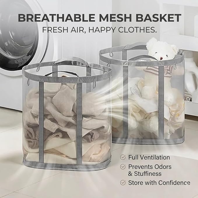 Wall-Mounted Foldable Laundry Basket, 41L Collapsible Mesh Hamper, Hanging Storage Bag for Bathroom, Dorm, Travel, Beach, Camping, Reinforced Handles, Grey