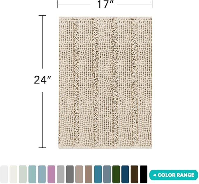 Turquoize Luxury Chenille Bath Rug for Bathroom Rugs Extra Absorbent Bath Mat Non Slip Microfiber Shower Rugs for Bathroom Microfiber Shaggy Carpet Rug Size, 17"x 24", Fog
