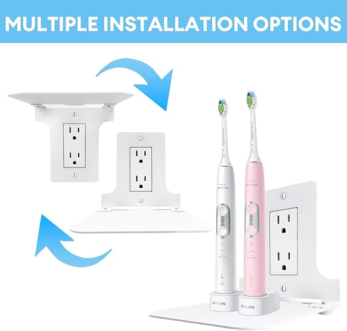 Metal Outlet Shelf with Built-in Cable Management, No-Drill Wall Organizer for Bathroom Outlets, Secure Holder for Echo Dot & Electric Toothbrush, Fits Vertical Decora, 1-Pack