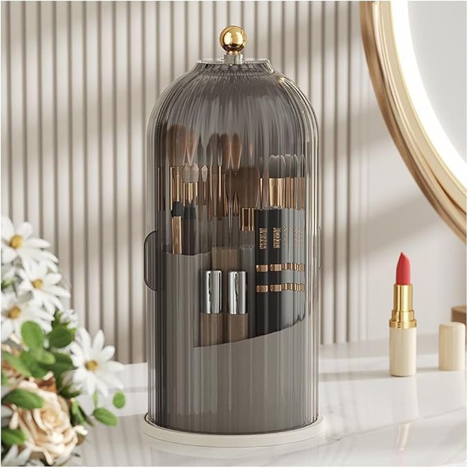 Makeup Brush Holder Organizer with Lid, 360?? Rotating Clear Dustproof Cosmetics Storage, Makeup Brushes Cup Pen Holder for Vanity Desktop Bathroom Countertop (Clear Black Cap)