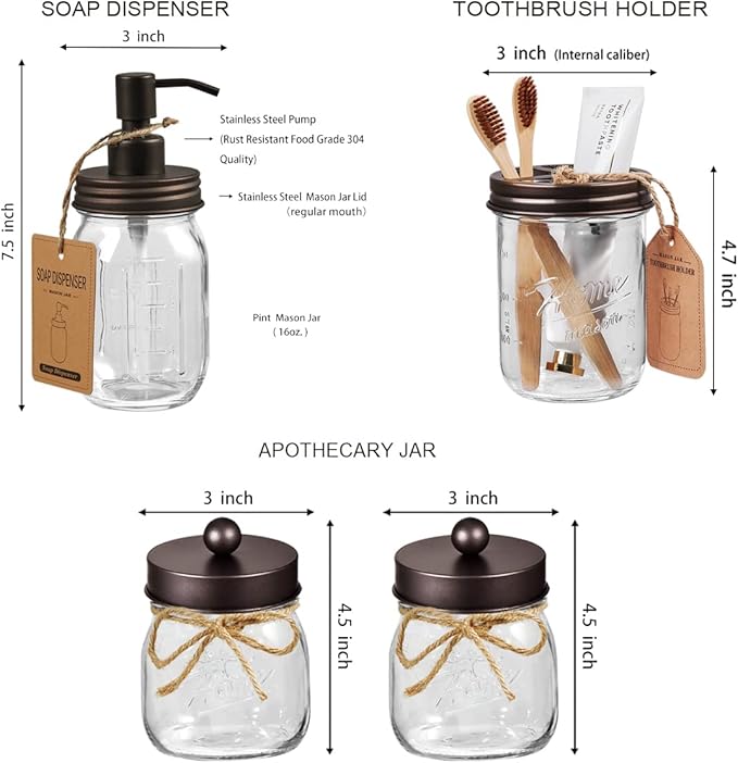 SheeChung 6Pcs Mason Jars Bathroom Accessories Set Complete - Toothbrush Holder, Lotion Soap Dispenser, 2 Mason Jars, Soap Dish, Toilet Paper Basket, Rustic Farmhouse Decor (Brown, 6Pcs Bathroom Set)
