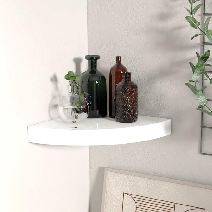 Floating Corner Shelf 9.8x9.8x1.5 Inch High Gloss White Wall Mounted Storage Shelves - Honeycomb MDF Metal Structure with Invisible Bracket for Bathroom Bedroom Living Room Home Decor