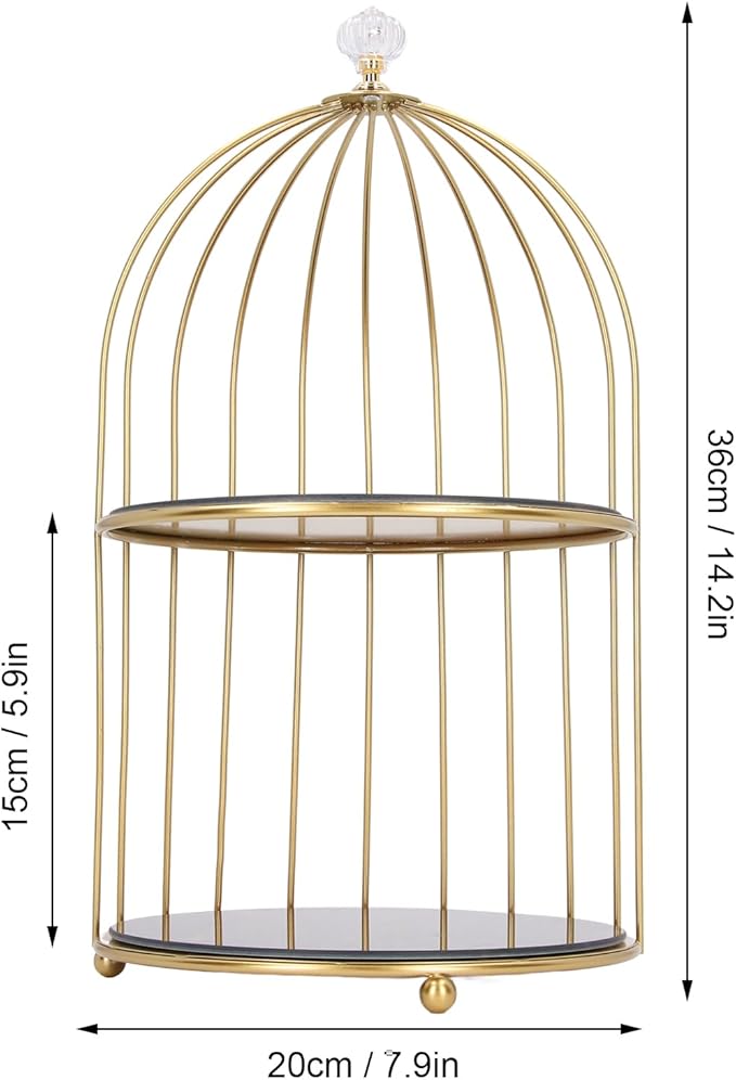 Double Layer Storage Shelf Bird Cage Organizer Display Rack for Bathroom Countertop Dressing Table Gold Frame (Black Base Gold Pattern)