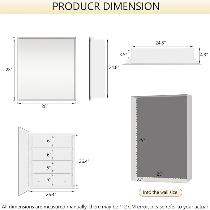 Bathroom Medicine Cabinet with 28x28 in Square Beveled Frameless Mirror,Wall Mounted Mirror Cabinet for Bathroom Toilet Kitchen,Recess or Surface Mount