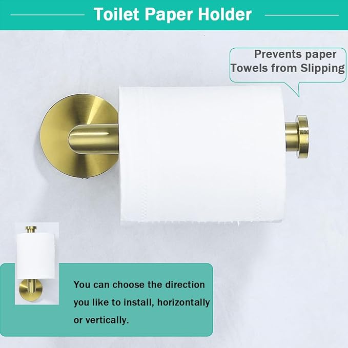 Brushed Gold Bathroom Hardware Accessories Set 4 Pieces Bath Towel Bar Set with 18 Inch Towel Bar,Toilet Paper Holder,Towel Hooks,SUS 304 Stainless Steel Wall Mounted Bathroom Towel Rack Set