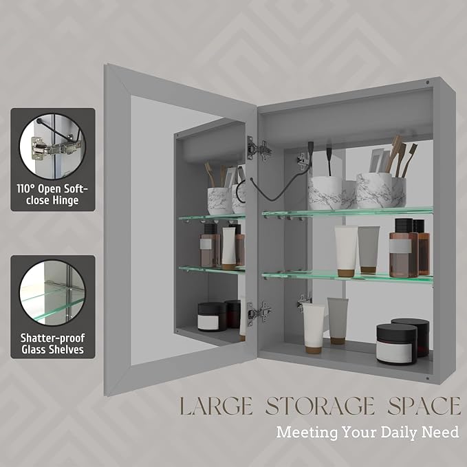 20×28 Inch Bathroom Medicine Cabinet with Lights, LED Medicine Cabinet with Mirror, Lighted Bathroom Mirror Cabinet with Storage, Digital Clock & Temp Display, Surface Mount