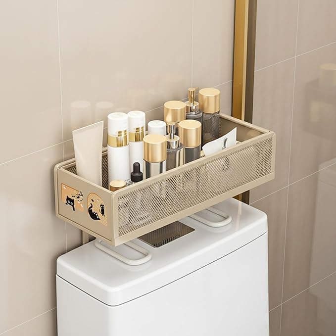 Bathroom Storage Rack Over The Toilet – Iron Back of Toilet Organizer for Draining & Storing Items (Beige)
