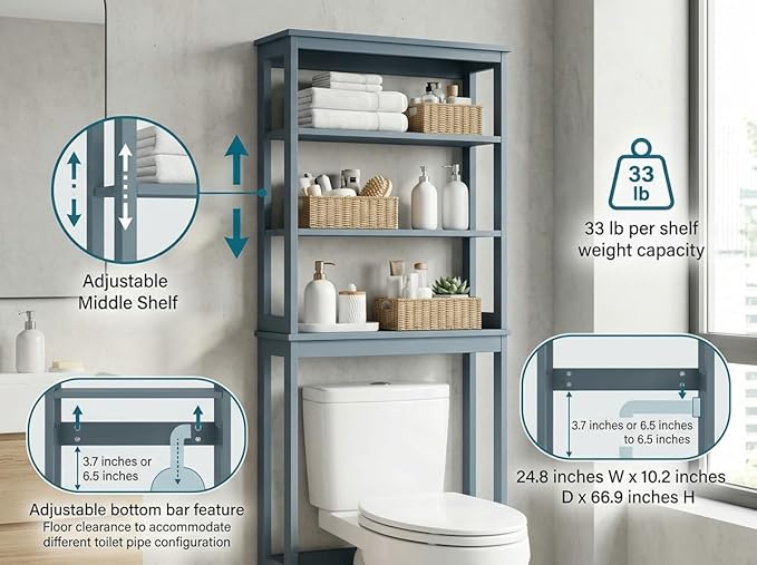 Over the Toilet Storage, 3-Tier Bamboo Bathroom Organizer with Adjustable Shelf, Space-Saving Rack, 66.9" Tall (Grey)