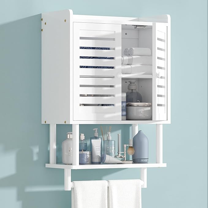 Bathroom Wall Cabinet, Over The Toilet Storage Cabinet with Adjustable Shelves, White Medicine Cabinets with Towel Bar, Bamboo Wall Mounted Hanging Cabinet with 2 Door for Laundry Room, White