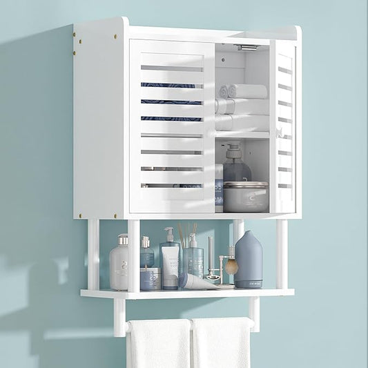 Bathroom Wall Cabinet, Over The Toilet Storage Cabinet with Adjustable Shelves, White Medicine Cabinets with Towel Bar, Bamboo Wall Mounted Hanging Cabinet with 2 Door for Laundry Room, White