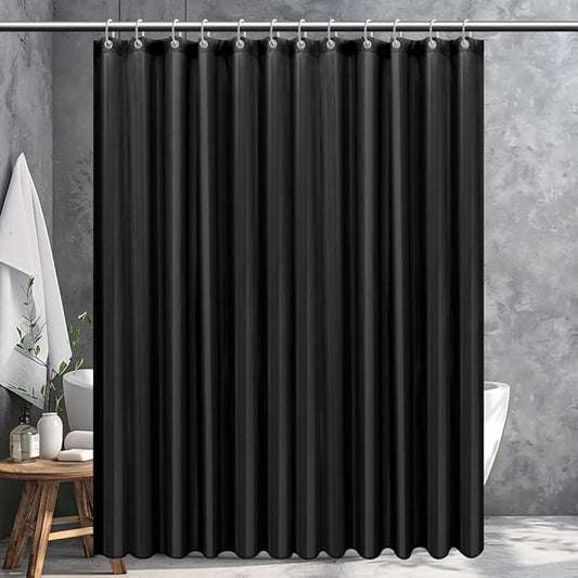 Strip Black Fabric Shower Curtain with Magnets - 85 GSM Heavy Duty Waterproof Bath Curtain, 12 Reinforced Metal Grommets (72x72 Inches)