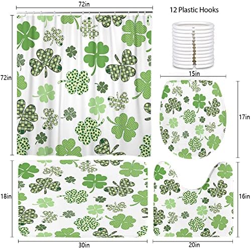 LOKMU 4 Pcs Shower Curtain Sets with Non-Slip Rugs, Toilet Lid Cover and Bath Mat,St Patricks Day Owls Waterproof Shower Curtain with 12 Hooks, Bathroom Decor Sets, 72" x 72"