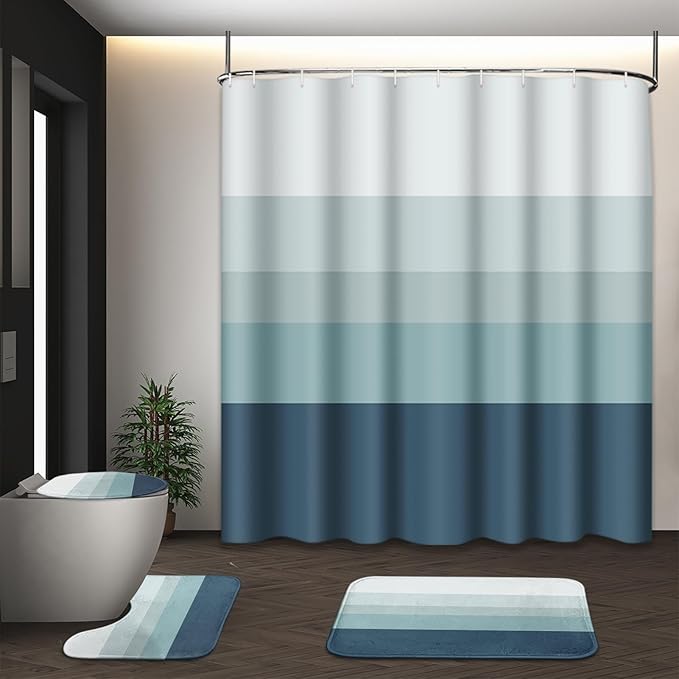 Striped Blue Shower Curtain Set with Toilet Lid Cover and Non-Slip Rugs for Bathroom, Minimalist Neutral Ombre 4 Pcs Shower Curtain, Modern Bathroom Set with 12 Hooks