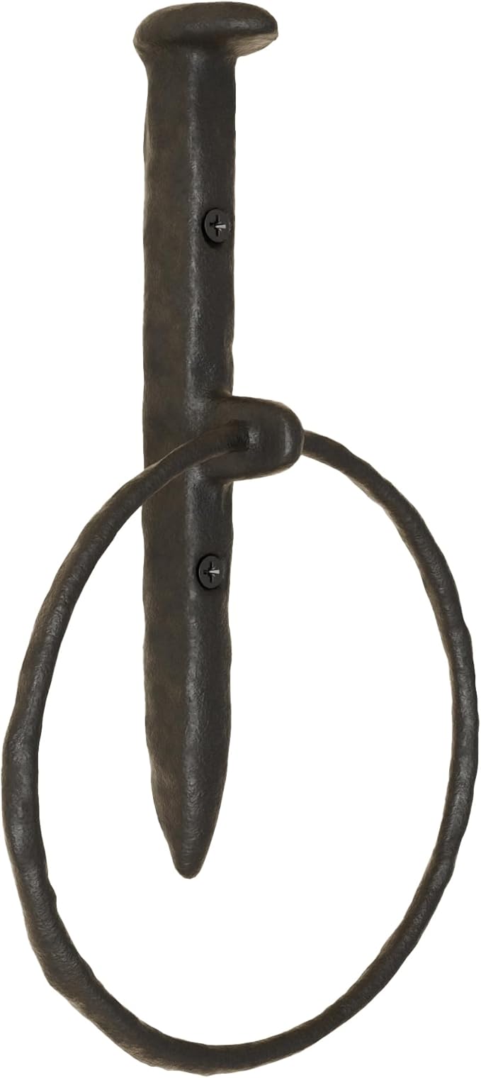 Rustic State Fred Wall Mount Railroad Spike Industrial Design Cast Iron Towel Ring with Hammered Effect Texture for Bathroom and Kitchen - Hand Towel Holder Hanger Rack - Black