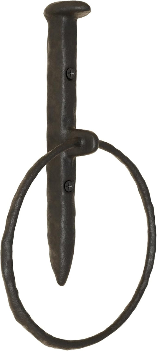 Rustic State Fred Wall Mount Railroad Spike Industrial Design Cast Iron Towel Ring with Hammered Effect Texture for Bathroom and Kitchen - Hand Towel Holder Hanger Rack - Black