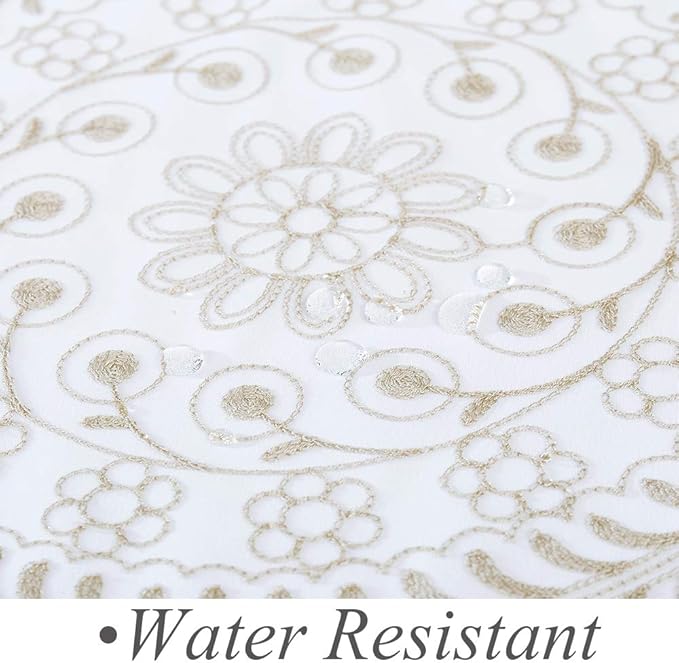 Jubilantex Tan and White Embroidered Shower Curtain for Bathroom, Farmhouse Boho Floral Fabric White and Beige/Ivory/Taupe/Cream Decorative Waterproof Rustic Bath Curtain for Spa Hotel, 70x72 Inches