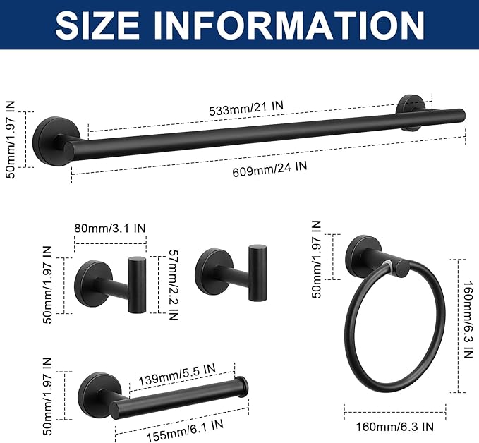 NearMoon 5 Pieces Bathroom Hardware Set SUS304 Thicken Stainless Steel-Towel Rack Kit Include 24" Towel Rod + Bath Towel Ring + Toilet Paper Holder + Robe Towel Hooks Bath Accessories (Matte Black)