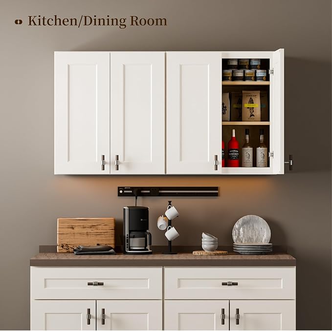 Kisart Laundry Room Cabinets Wall Mounted with Doors & Shelves, Solid Wood RTA Medicine Storage Cabinet, 27Wx36Hx12D Inch White Shaker Hanging Cupboard, Space-Saving for Kitchen, Bathroom, Garage