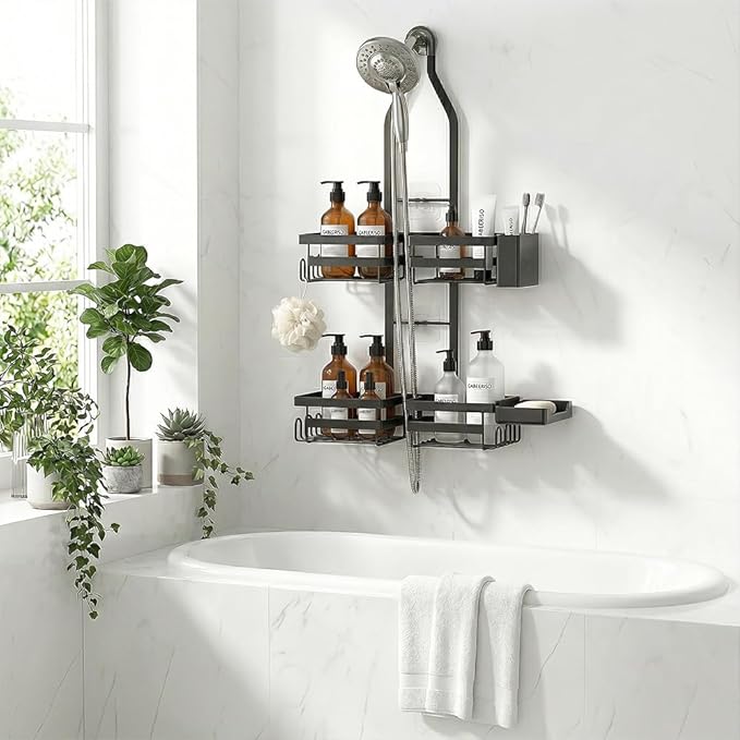Over the Shower Head Caddy for Handheld Showerhead - Rustproof Hanging Shower Organizer, No Drill 2-Tier Bathroom Storage Shelf with Soap Holder, Matte Black