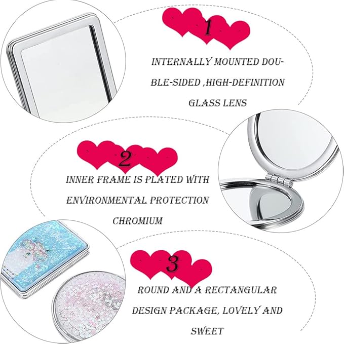 AKOAK 1 Pack Compact Mirror, Portable Quicksand Pocket Travel Makeup Mirror, Folding Hand-held Double Sided 1x/2x Magnifying Glass, Great Gift for Women and Girls (Silver)