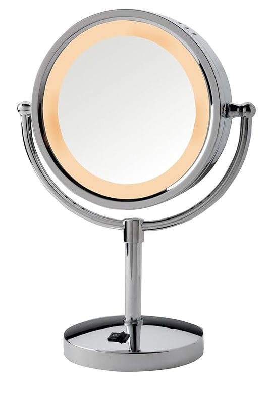 JERDON LED Lighted Makeup Mirror - 5X Magnifying Tabletop Vanity Mirror for Makeup, Skincare, & Grooming - 8.5" Chrome Finish, 360° Swivel, Built-in Outlet - Model HL745CO