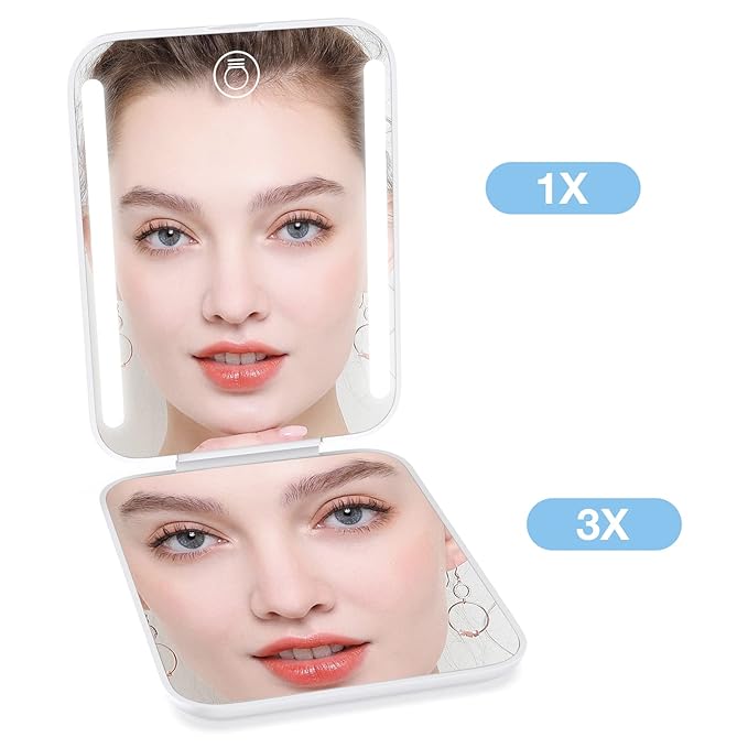 Kintion Rechargeable Pocket Mirror, Double Sided 1X/3X Magnification Compact Vanity Mirror, 3 Color Lights, Dimmable, Small Portable Wallet Mirror, Lighted Travel Mirror for Women Gifts, White