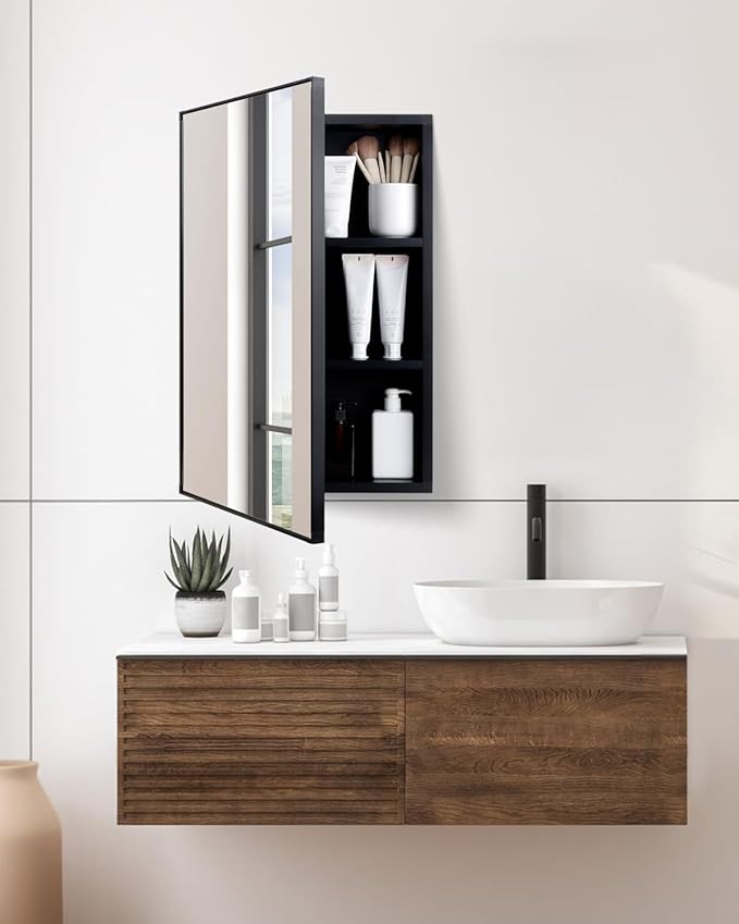 ANTIS'S HOME Medicine Cabinet, Non-recessed Matte Black Aluminum Bathroom Mirror with Storage, 16 x 24 inch Mirror Cabinet Wall Mounted Storage Cabinet, Rectangle Modern Vanity Cabinets