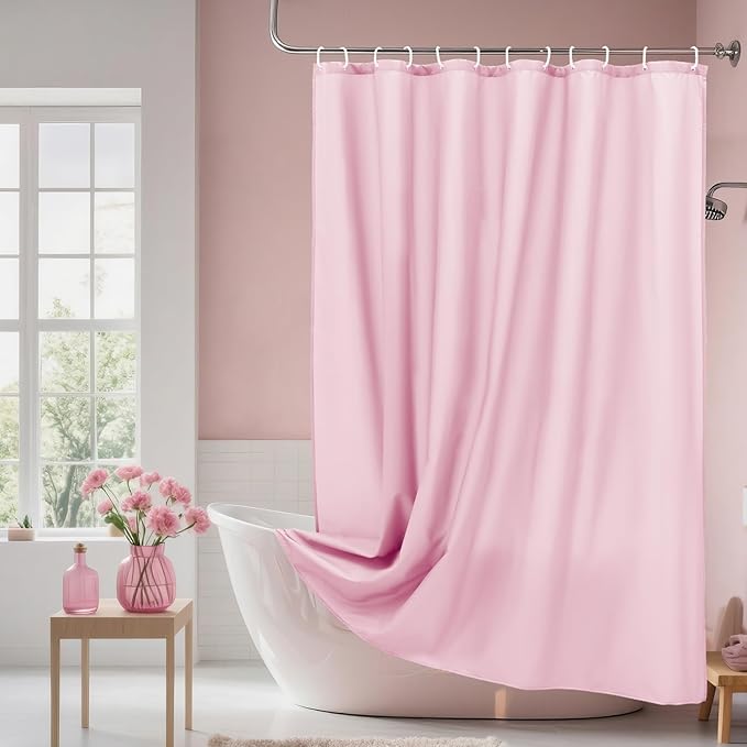 AooHome 72x96 inch Fabric Shower Liner, Extra Long Solid Color Shower Curtain with Hooks, Weighted Hem, Water Repellent, Pink