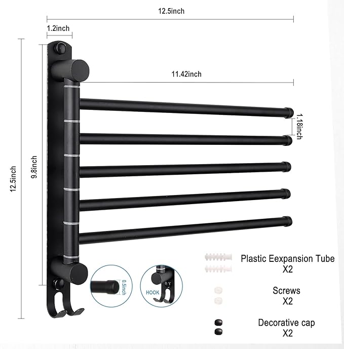 Matte Black 6 - Arm Stainless Steel Swivel Towel Rack with Hook: Wall - Mounted, Rustproof Space - Saver for Bathroom & Kitchen - 180° Rotation, 14kg Capacity