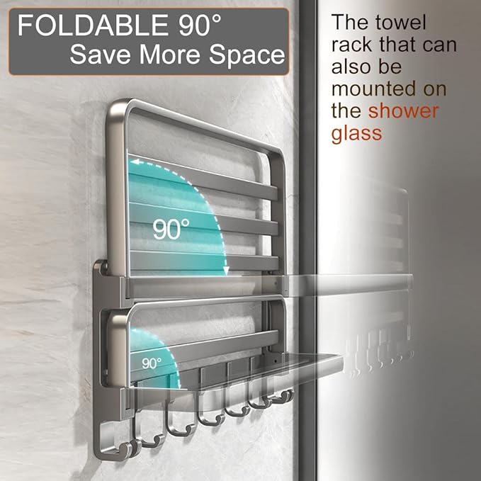 (1 Pack) Yariwiz Grey Towel Rack Wall Mounted No Drill and Screw Mounting, Bathroom Bath Shower Length 24 inch Double Towel Rod with Shelf Hotel Towel Rack B0502-GREY