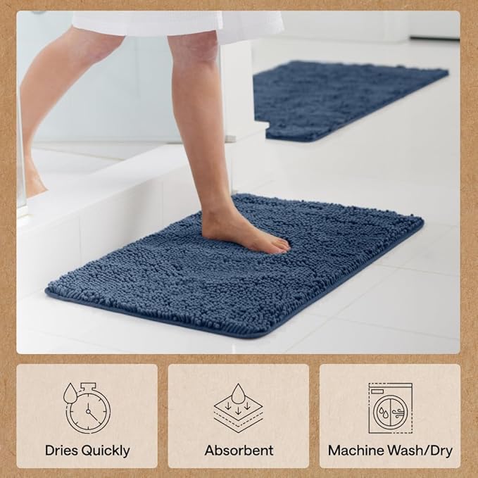 GORILLA GRIP Bath Rug Mat 48x24, Soft Absorbent Chenille, Quick Dry Microfiber Mats, Rubber Backing Washable Shower Floor Rugs, Bathmat Runner, US Designed Bathroom Home Decor Accessories Navy Blue