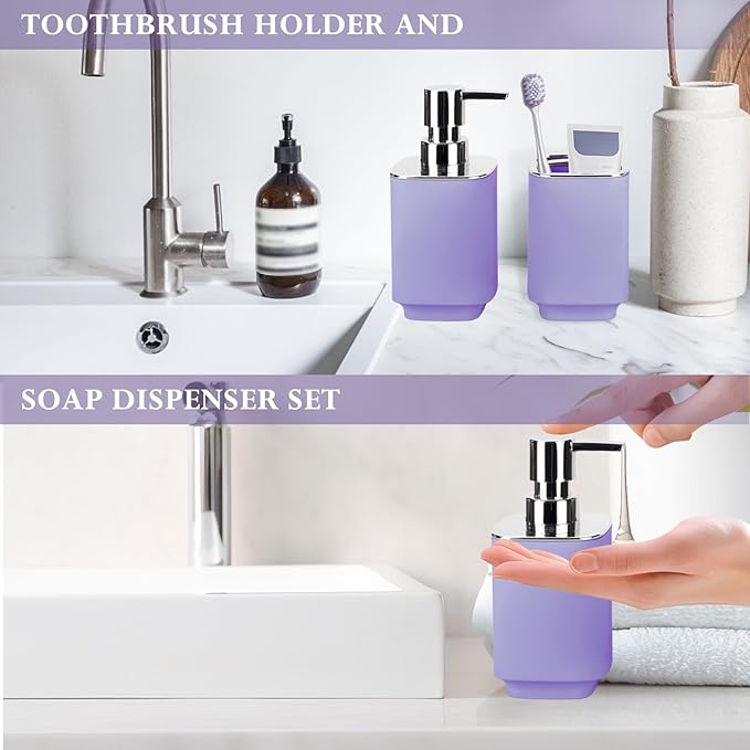 Purple Bathroom Accessories 2 Pieces, Soap Dispenser and Toothbrush Holder Set for Boho Bathroom