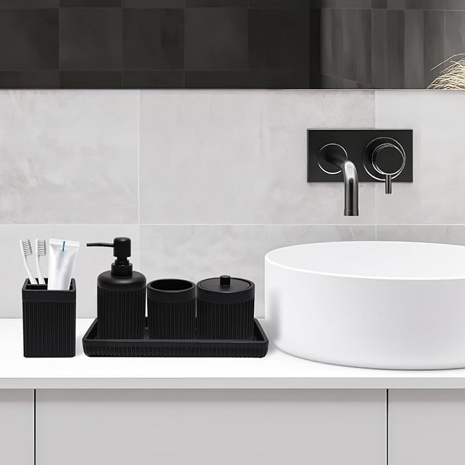 XLHOMO Resin Matte Black Bathroom Accessories Set 5 Pcs, Lotion Soap Dispenser, Toothbrush Holder, Bathroom Tumbler, Qtip Holder and Vanity Tray, Bathroom Countertop Organizer Set for Home Apartment