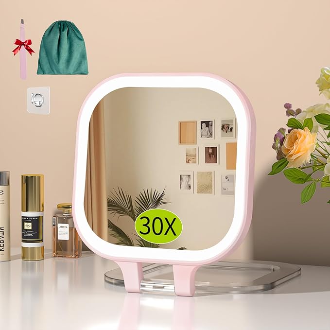 FUNTOUCH 30X Travel Magnifying Mirror with Light, 7" Rechargeable Double Sided Travel Vanity Mirror with Lights, 3 Color Lights & Adjustable Brightness, 300°Rotation, Gift for Women,Pink