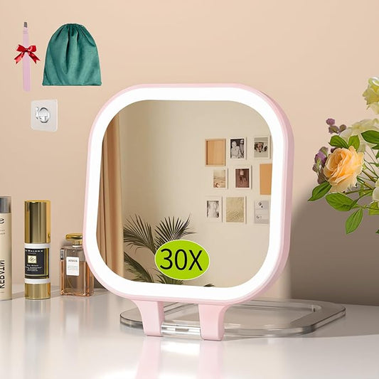 FUNTOUCH 30X Travel Magnifying Mirror with Light, 7" Rechargeable Double Sided Travel Vanity Mirror with Lights, 3 Color Lights & Adjustable Brightness, 300°Rotation, Gift for Women,Pink