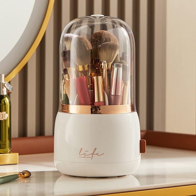 Makeup Brush Holder Organizer with Lid, Rotating Dustproof Make Up Brushes Organizer with Clear Acrylic Cover for Vanity Desktop Bathroom Countertop (white)