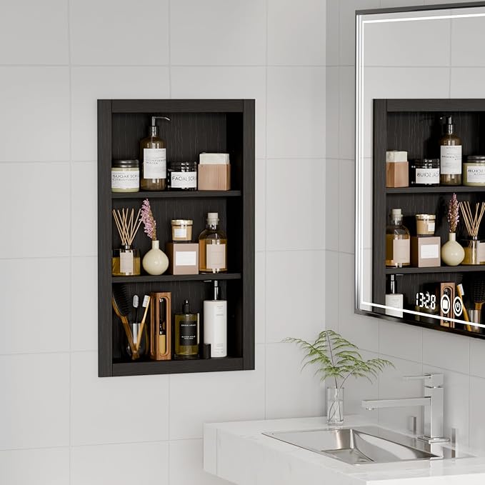 14'' * 24'' Recessed Medicine Cabinet Wall Niche Wood, 3-Tier Bathroom Niche Insert for Drywall, in Wall Shelf Medicine Cabinets Replacement, for Living Room, Bathroom Storage, Black