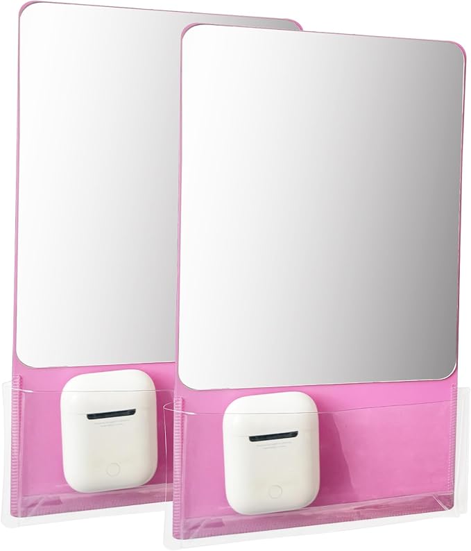 Magnetic Locker Mirror with Fully Magnetic Back, 9.45" x 5.51" Small Real Glass Super Clear Reflection Mirror with Storage Pocket for School Locker Refrigerator Office Cabinet -Pink, 2 Pcs