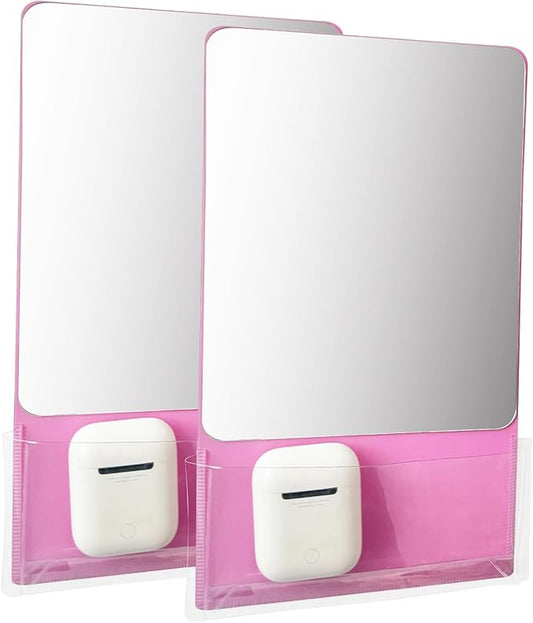Magnetic Locker Mirror with Fully Magnetic Back, 9.45" x 5.51" Small Real Glass Super Clear Reflection Mirror with Storage Pocket for School Locker Refrigerator Office Cabinet -Pink, 2 Pcs