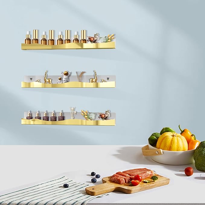 6 Pack Nail Polish Wall Rack Mirror Gold Acrylic Wall Mount Ledges with Stopper 15 Inch Kids Bookshelf Tattoo Ink Essential Oils Figurine Display Shelves Spice Rack for Salons Retailers Home