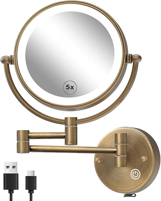 Brass Lighted Makeup Mirror Wall Mounted for Bathroom, Upgraded Brightness 3-Colors LED, Rechargeable Touch Dimmable 1X/5X Magnifying Vanity Mirror Swing Arm, Brushed Antique Brass