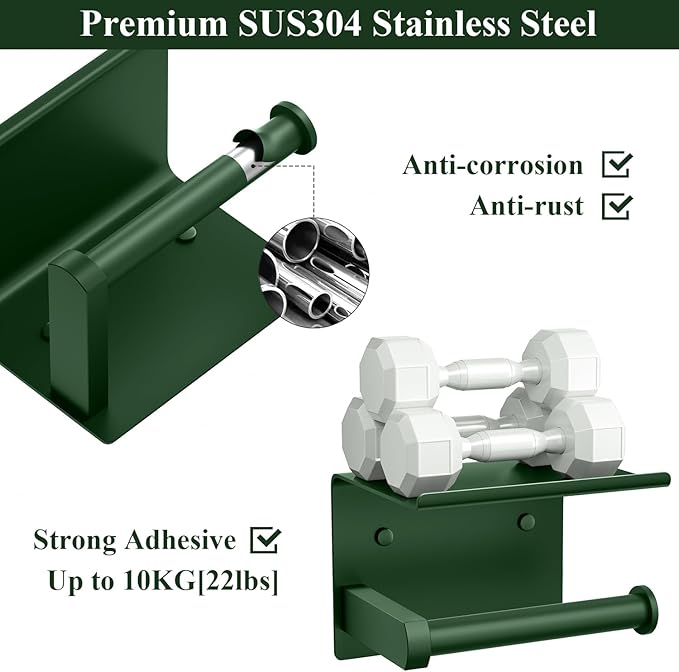 Tindbea Toilet Paper Holder with Shelf Adhesive or Screw Wall Mounted Toilet Paper Roll Dispenser Storage, Stainless Steel Bathroom Shelf Holder Accessories (Forest Green)