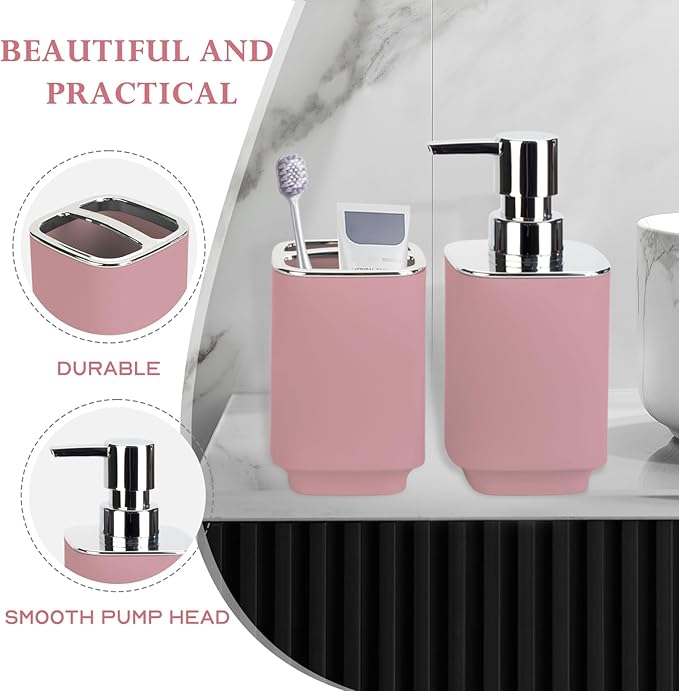 Pink Bathroom Accessories 2 Pieces, Soap Dispenser and Toothbrush Holder Set for Boho Bathroom