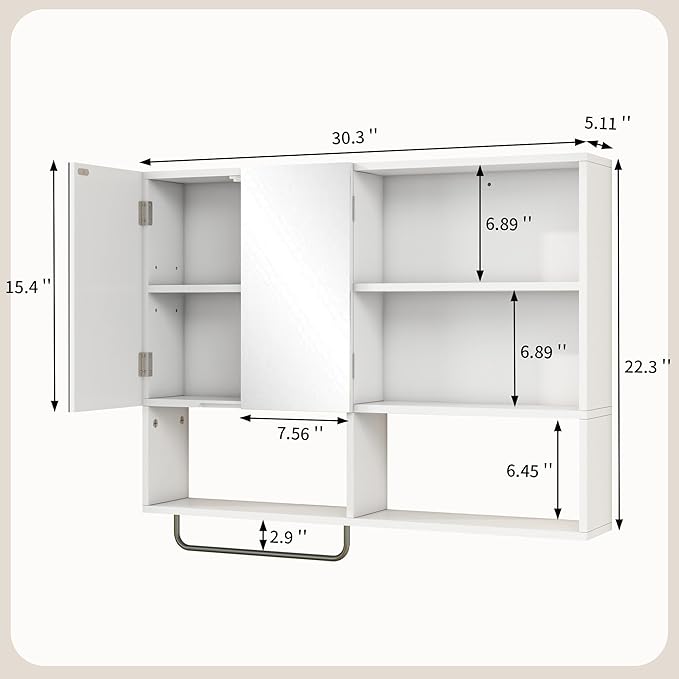 Medicine Cabinet, Wooden Bathroom Wall Cabinet with 2 Doors, Adjustable Shelves & Towel Bar, Over Toilet Storage Cabinet Wall Mounted for Laundry with Mirror, White
