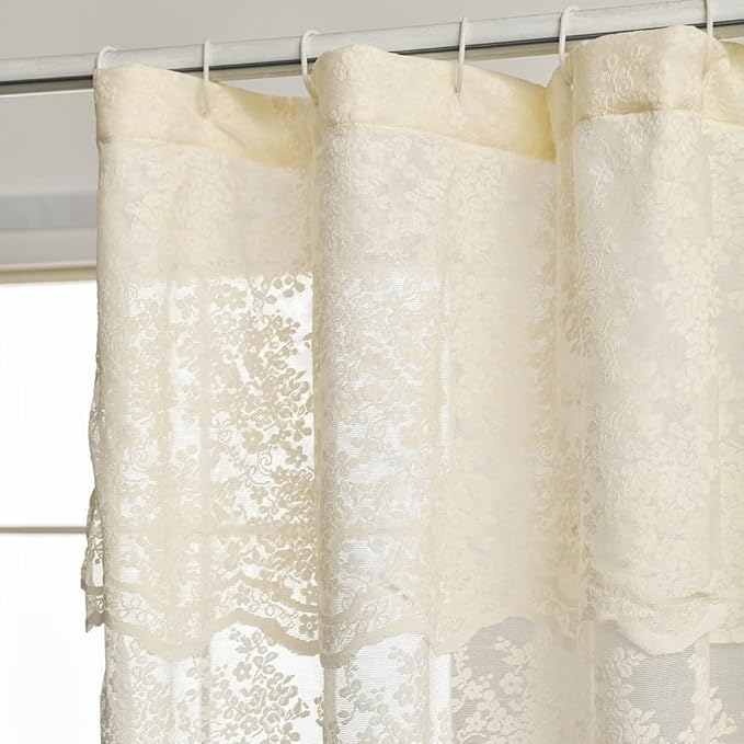 YJ YANJUN Extra Wide French Country Shower Curtain 102x84 Boho Chic Lace Cream Shower Curtain with Valance Vintage Farmhouse Boho Style Flower Print Bathroom Curtain Cream 102 inch Wide