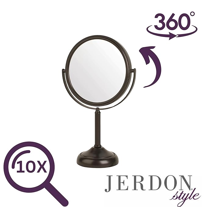 JERDON Two-Sided Tabletop Makeup Vanity Mirror - 10X-1X Magnification & Swivel Design - 6-Inch Diameter Portable Mirror - Bronze Finish - Model JP910BZP