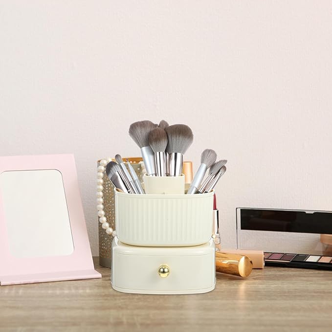 NOLITOY Makeup Brush Holder Organizer, 360?? Rotating Cosmetic Organizer with Drawer 5 Slot Makeup Brushes Cup for Countertop Dresser Bathroom Bedroom